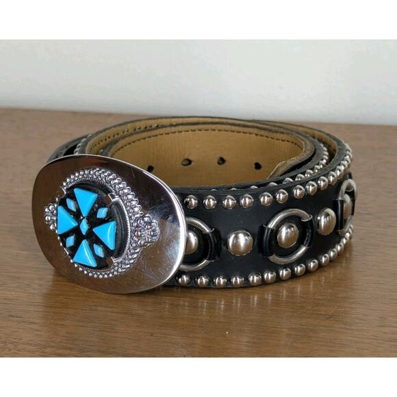 Leather Belt With Studs And Turquoise Silver Buckle Dark Brown 40" Largest Hole - Picture 1 of 5